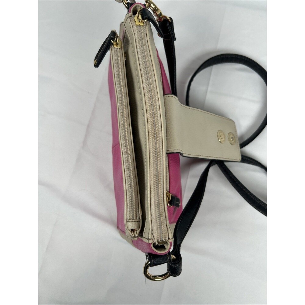 Tignanello Leather Hot Pink Taupe Crossbody Bag Purse Black Strap Barbie Preppy - Picture 12 of 16